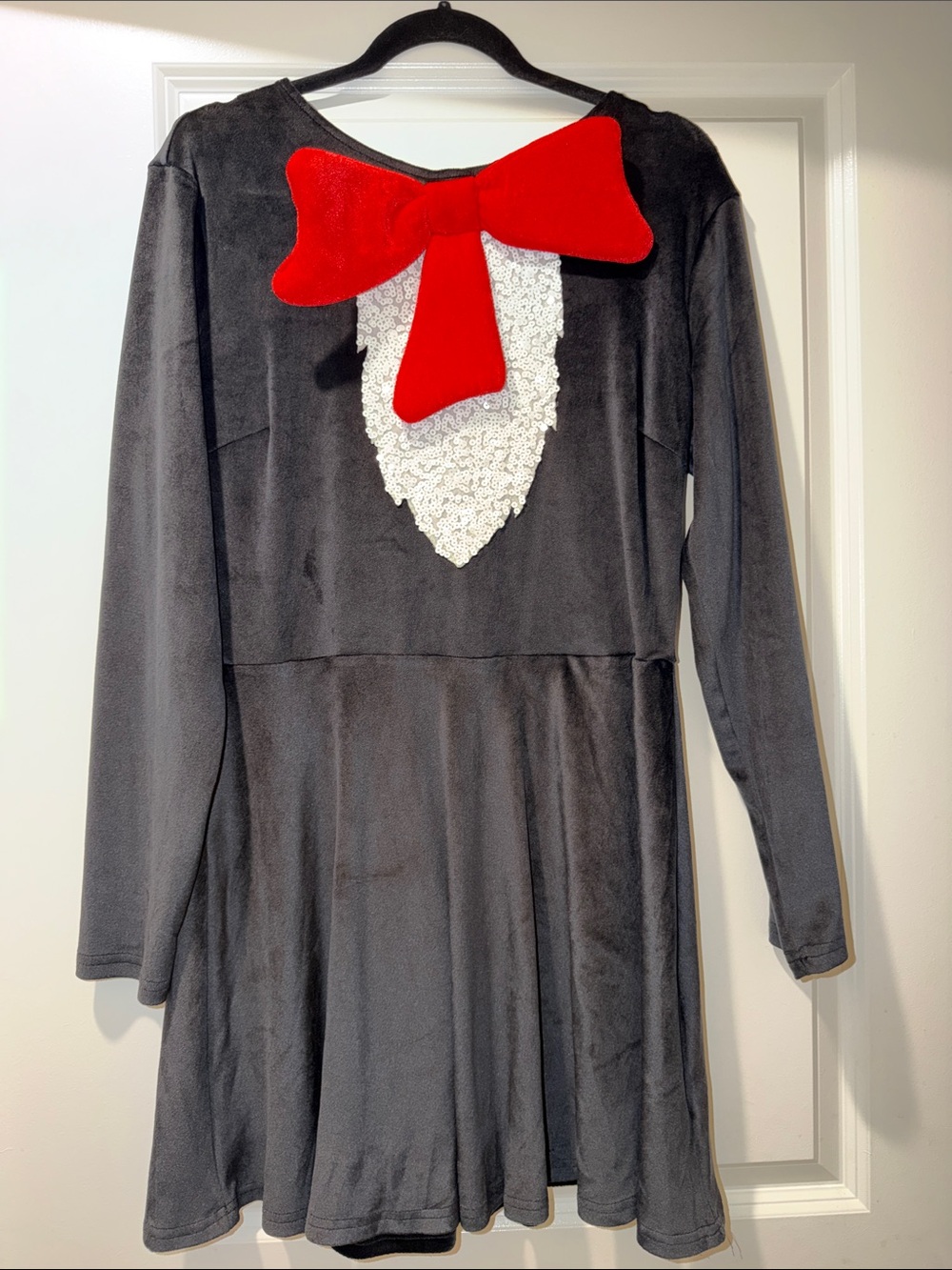 Women’s Dr. Seuss Black Dress with Red Bow and White Applique